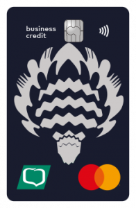 Wizerunek karty kredytowej dla klienta biznesowego ze wzorami folkowymi w kolorystyce czerni i bieli. 