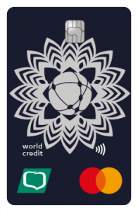 Wizerunek karty kredytowej world credit ze wzorami folkowymi w kolorystyce czerni i bieli. 