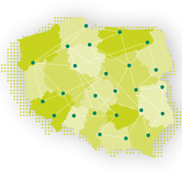 Mapa Polski z podziałem na województwa i zaznaczonej na niej sieci wybranych punktów banków ze zrzeszenia BPS.