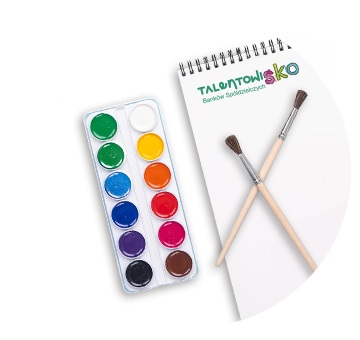 Notes z logo programu Talentowisko Banków Spółdzielczych. Obok notesu leżą farby i pędzle.