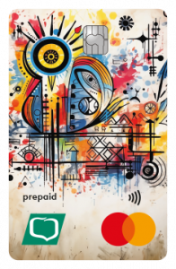  Wizerunek karty przedpłaconej (prepaid) z kolorowymi wzorami folkowymi w formie grafiti.